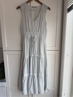 Devoted Cottagecore Blue White Striped Tiered Maxi Dress Size M Coastal Cowgirl